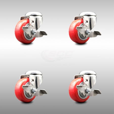 3.5 Inch 316SS Red Polyurethane Wheel Swivel Bolt Hole Caster Set With Brake